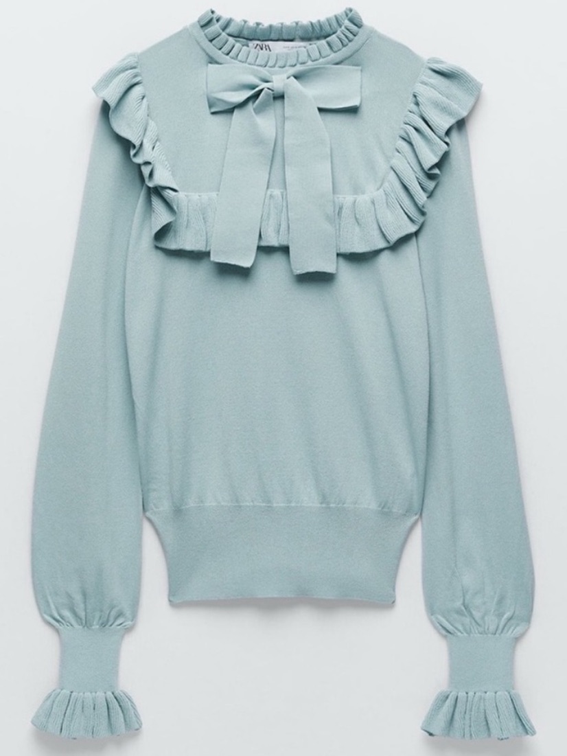 Zara Ruffle Knit Sweater Medium Sage Green/ Seafoam Tie-Neck Bow Long Sleeve Top